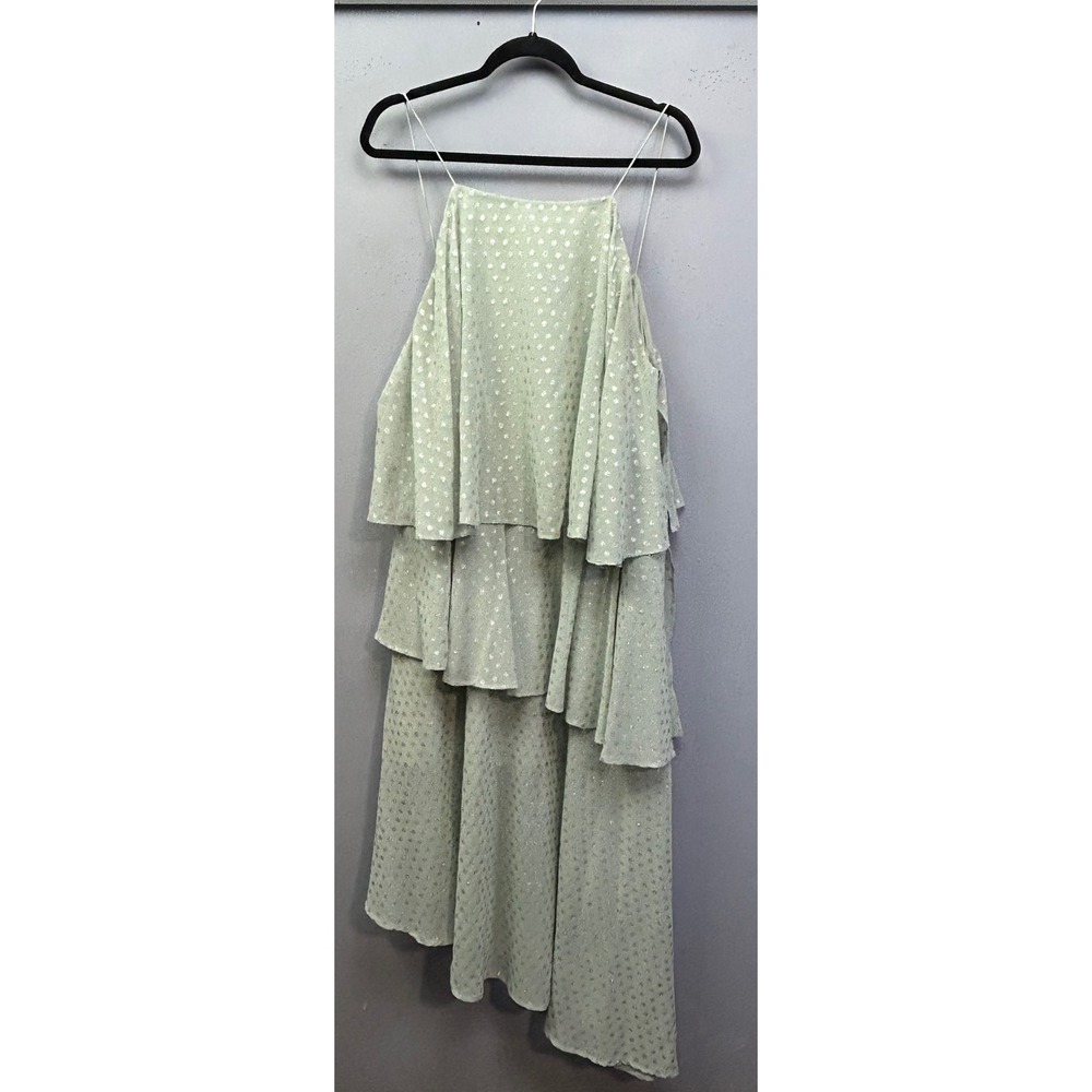 ASOS Dress Womens 14 Green Glitter Polka Dot Tiered Asymmetrical Maxi Spaghetti